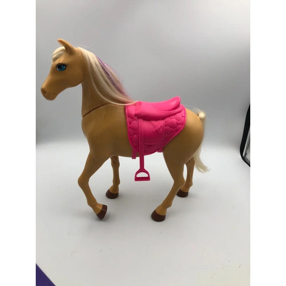 Tan Barbie and Friends Horse Pink‎ Saddle Moving Head Blonde Hair Purple Streak